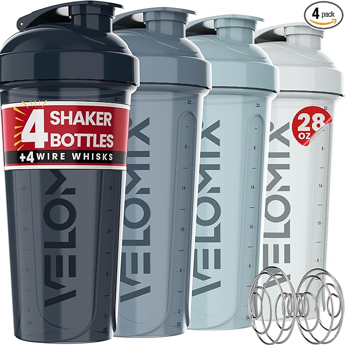 -4 PACK- 28 oz Shaker Cups for Protein Shakes - 4x Wire Whisk | Leak Proof Protein Shaker Bottles for Protein Mixes | Protein Shaker Bottle Pack | Mixer for Protein Shakes(Aqua Depths)