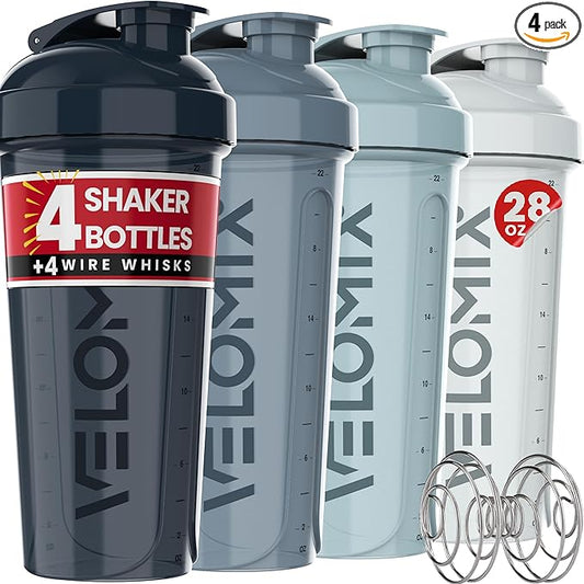 -4 PACK- 28 oz Shaker Cups for Protein Shakes - 4x Wire Whisk | Leak Proof Protein Shaker Bottles for Protein Mixes | Protein Shaker Bottle Pack | Mixer for Protein Shakes(Aqua Depths)