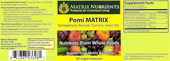 POMI Matrix - 10 Times Stronger Than The Competition! - Lower PSA Levels for Healthy Prostate - 100% Organic - Ingredients: Pomegranate, Green Tea, Turmeric, Broccoli - Vegan Capsules (60ct)