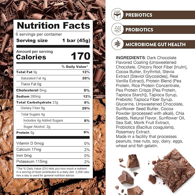 Truth Bar Prebiotic & Probiotic Keto Snack Vegan Bars with Omega-3's - Synbiotic High Fiber Snacks - Low Sugar, Kosher, Gluten Free - Dark Chocolate Brownie Crunch (Pack of 12)