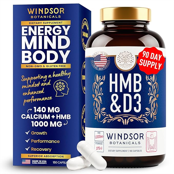 HMB and Vitamin D3 Supplement - B-Hydroxy B-Methylbutyrate 1,000 MG HMB Supplements for Men and Women Plus Calcium, Vitamin D 3 - Muscle Growth, Strength, Performance, Recovery - 90 Days, 180 Caps.