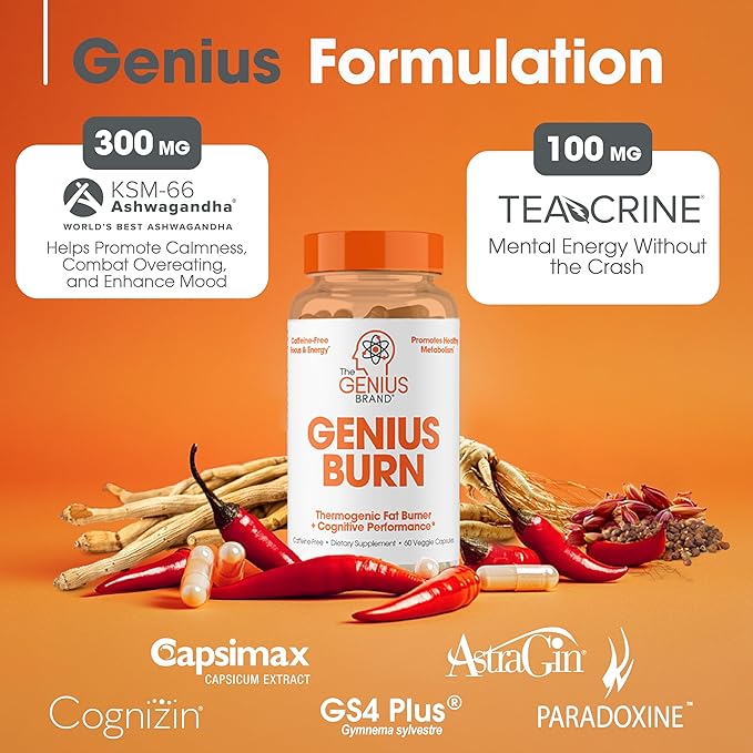 Genius Thermogenic Fat Burner, 60 Diet Veggie Pills - Weight Loss & Metabolism Supplement, Appetite Suppressant & Energy Booster - Caffeine-Free Nootropic Focus & Brain Boost - Ashwagandha & TeaCrine