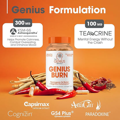 Genius Thermogenic Fat Burner, 60 Diet Veggie Pills - Weight Loss & Metabolism Supplement, Appetite Suppressant & Energy Booster - Caffeine-Free Nootropic Focus & Brain Boost - Ashwagandha & TeaCrine