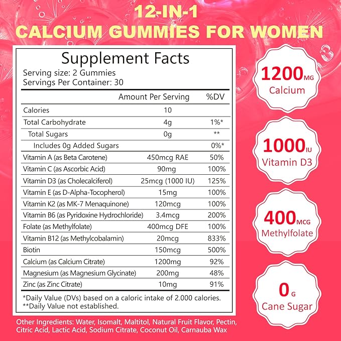 Calcium Gummies for Women 1200 mg, Unique Formula with Folate, B6, B12, D3, Magnesium, Zinc, Calcium Citrate Chewable Supplement for Bone, Skin Health, 60 Count