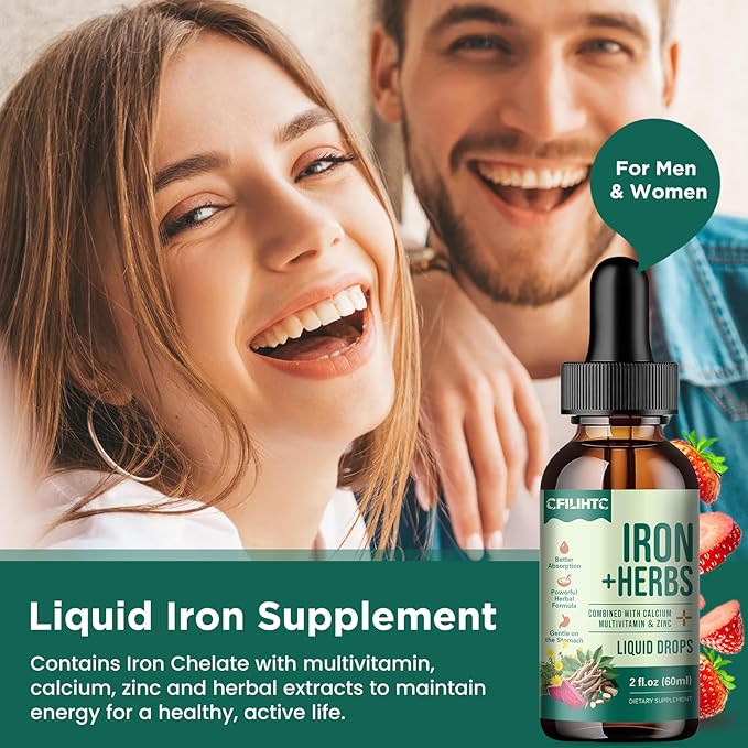 Liquid Iron Supplement for Women, Men, Iron Drops with Women's Health Herb Blend, Calcium, Zinc & Multivitamin - Support Blood Builder, Skin, Energy, Immune for Iron Deficiency, Anemia, Vegan 2 Fl Oz