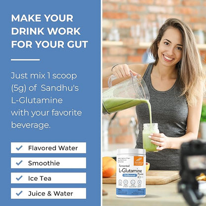 Sandhu's L-Glutamine Powder | 100 Servings, 500 Gram, 17.6 Oz., Large Size, 3 Months Supply| Made in USA | Non-GMO, Amino Acid Supplement for Muscle Support and Gut Health