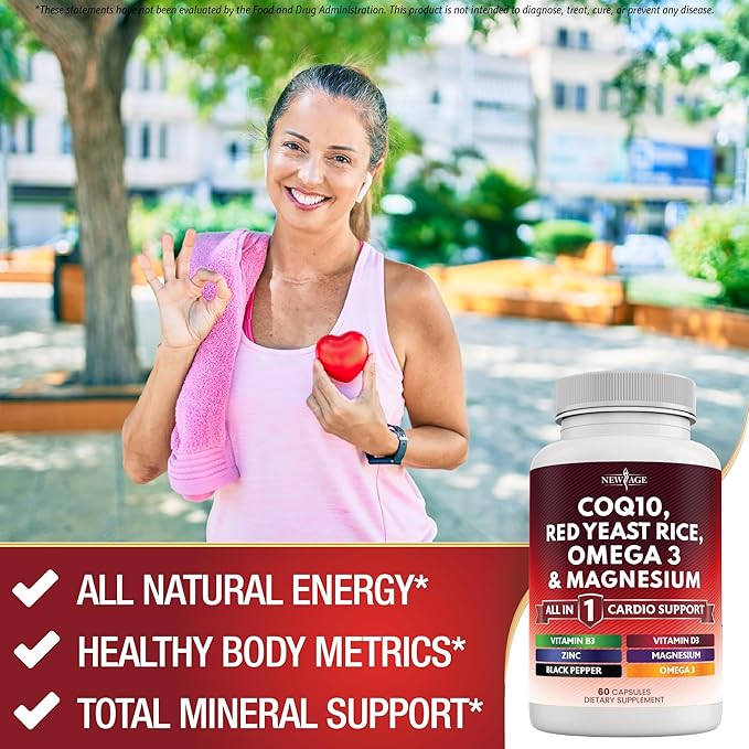 NEW AGE COQ10 200mg Red Yeast Rice Omega 3-6-9 Magnesium Complex Zinc Vitamin K2 D3 - Heart Health Support Vitamins for Women and Men with Vitamin B3, Coenzyme Q10-180 Count