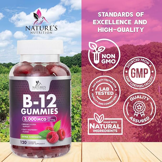 B12 Gummies, Extra Strength Energy 3000 mcg Vitamin B12, B-12 Energy Metabolism & Immune System Support, Chewable Supplement for Adults & Kids, Caffeine Free, Berry Flavored Gummy, Vegan - 120 Count