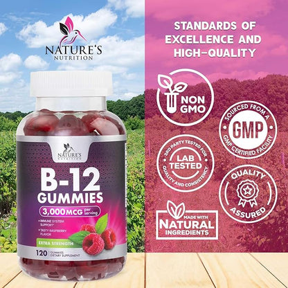 B12 Gummies, Extra Strength Energy 3000 mcg Vitamin B12, B-12 Energy Metabolism & Immune System Support, Chewable Supplement for Adults & Kids, Caffeine Free, Berry Flavored Gummy, Vegan - 120 Count