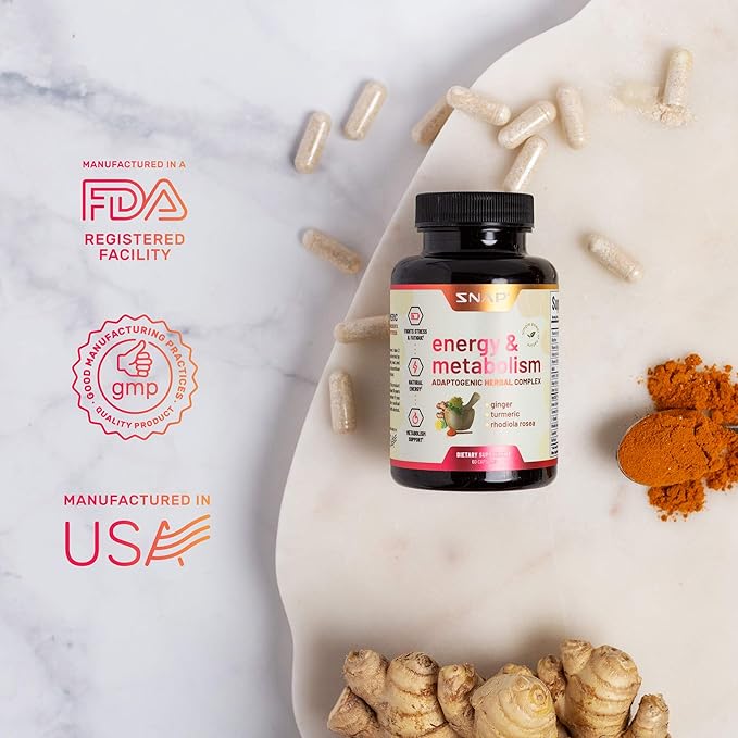 Metabolism and Natural Energy Supplements for Fatigue, Stress Relief, Energy Booster & Better Mood, Energy Pills for Women & Men, Ginger, Turmeric, Rhodiola Rosea, 60 Capsules