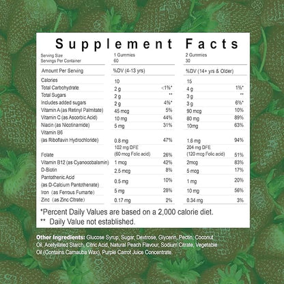 Vegan Iron Gummies,Multivitamin with Iron, Folate,Zinc for Man and Women,Strawberry Flavor (60 Ct)