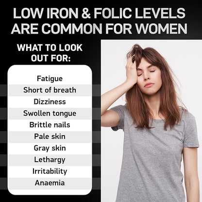 Vegan Iron Supplements for Women with Folic Acid - 168% Folate Folic Acid, 194% Ferrous Sulfate Blood Builder Iron Pills for Women with Anemia and Pregnant Women - 60 Gluten-Free Gentle Iron Tablets