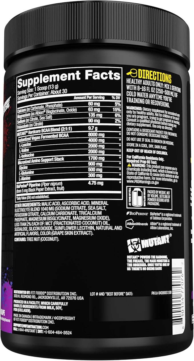 Mutant Hardcore BCAA - Pre, Intra or Post Workout – BCAA Next Level branched-Chain Amino Acids Supplement – Hydration + Recovery - 30 Serving - Grape