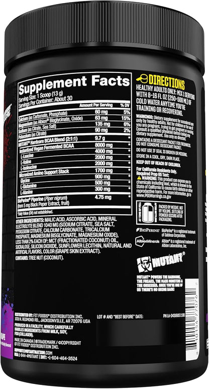 Mutant Hardcore BCAA - Pre, Intra or Post Workout – BCAA Next Level branched-Chain Amino Acids Supplement – Hydration + Recovery - 30 Serving - Grape