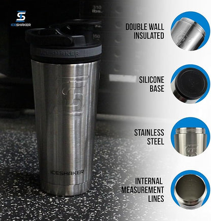 Ice Shaker Insulated Stainless Steel Shaker Bottle | 26oz , Stainles Steel | Cold for 30+ Hours | Insulated Cup with Twist-on Agitator | Odor-Free Shaker Cup for Protein Shakes, Water, Smoothies, Cocktails
