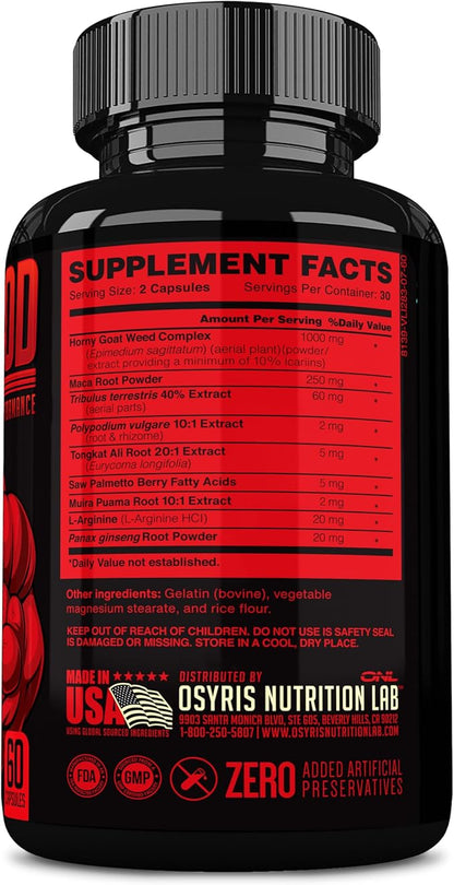 Bull Blood Testosterone Booster for Men - Testosterone Supplement for Stamina & Endurance - Maca Root, Horny Goat Weed, Tribulus Terrestris Extract & Tongkat Ali - Male Enhancing Supplement - 60 Ct