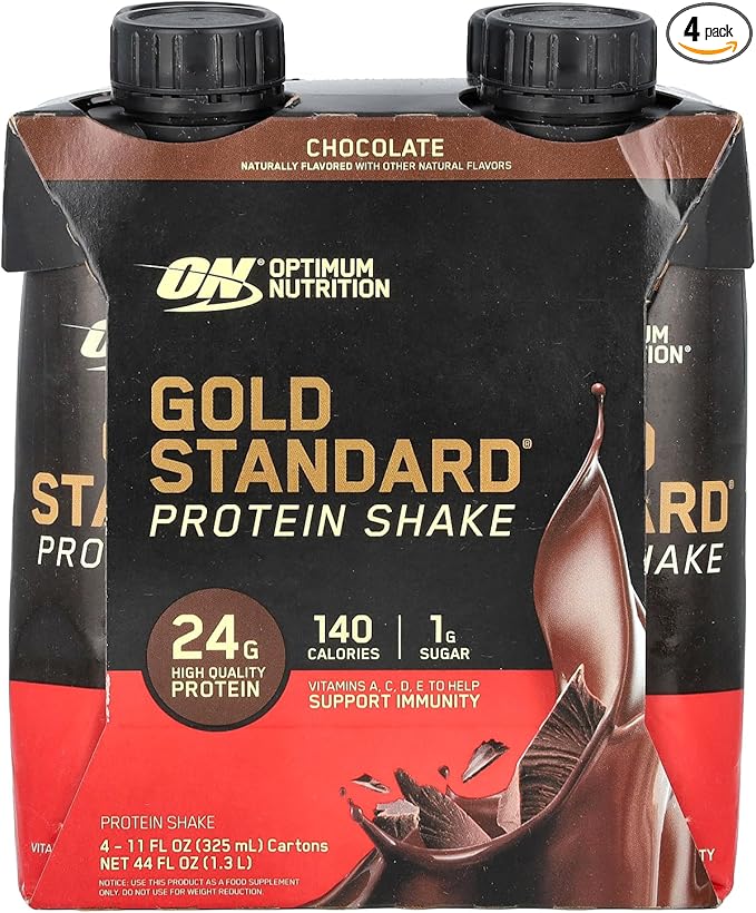 Optimum Nutrition Gold Standard Protein Shake, 24g Protein, Ready to Drink Protein Shake, Gluten Free, Vitamin C for Immune Support, Chocolate, 11 Fl Oz, Pack of 4 (Packaging May Vary)