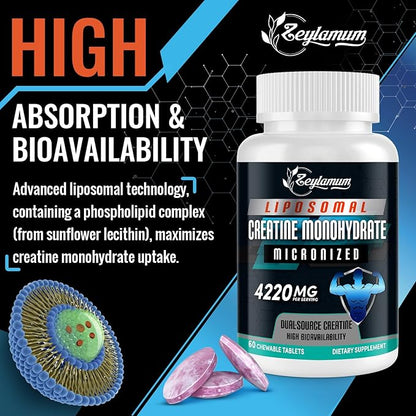 Creatine Chews Tablets for Men & Women, 4220 Mg Chewable Creatine Monohydrate for Energy, Faster Recovery, Strength, Superior Absorption with Liposomal & Micronized, Non-GMO, 30 Servings