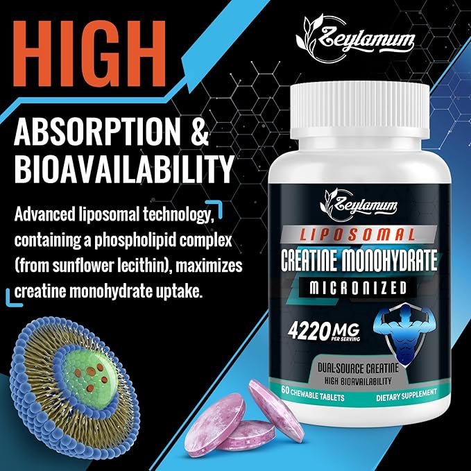 Creatine Chews Tablets for Men & Women, 4220 Mg Chewable Creatine Monohydrate for Energy, Faster Recovery, Strength, Superior Absorption with Liposomal & Micronized, Non-GMO, 60 Servings