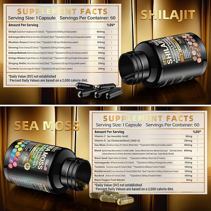 Wild Organic Irish Sea Moss and Shilajit - 8000mg Sea Moss, 10000mg Shilajit, Ashwagandha 2000mg, Ginseng, Vitamin C, Vitamin D3, Black Seed Oil - 2 Bottles of 60 Capsules
