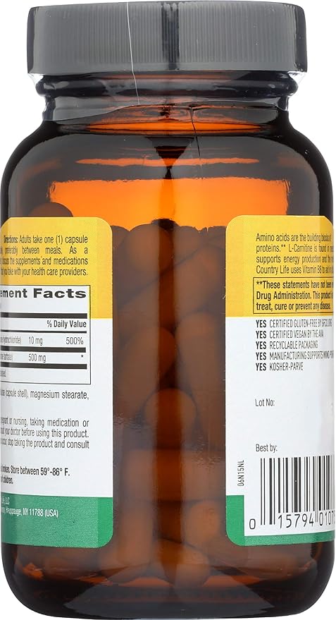 Country Life L-Carnitine 500 mg w/B-6, 60 Capsules