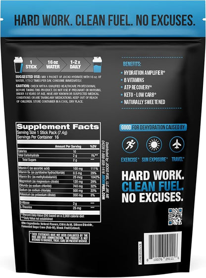 Jocko Fuel Hydrate Electrolytes Powder Packets Low Sugar - Hydration Amplifier Packets for Recovery, Dehydration, & Exercise - with Vitamins B6, B12 & C (16 Packets) Blue Raspberry