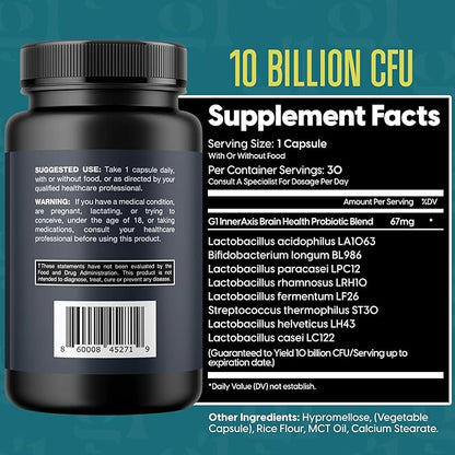 InnerAxis 2-in-1 Brain and Gut Health Probiotic, 10 Billion CFU, 8 Probiotic Strains for Gut, Psychobiotic, Mood and Brain Support, Acidophilus Probiotic for Women and Men, 30 Servings