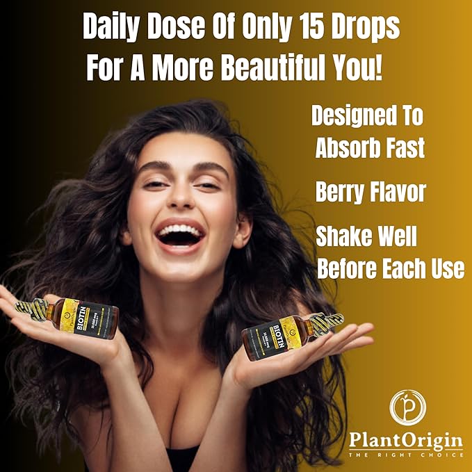 Extra Strength15,000 MCG Biotin Liquid Drops - Promotes Hair Growth, Radiant Skin & Strong Nails, Vegan & Kosher, Berry Flavor - 5X Absorption, 60 Servings