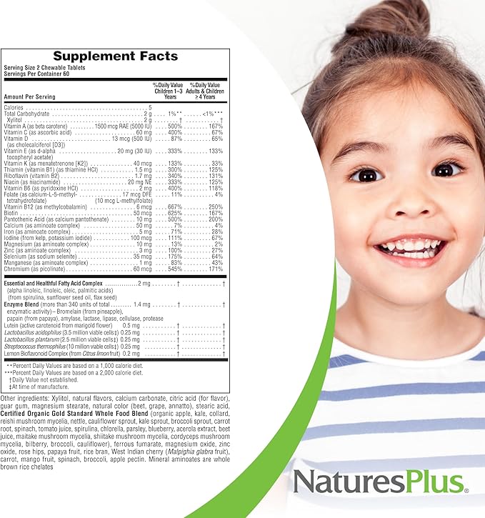 Natures Plus Animal Parade Gold Children's Multivitamin - 120 Animal-Shaped Chewable Tablets - Assorted Cherry, Orange & Grape Flavors - Vegan, Gluten Free - 60 Total Servings