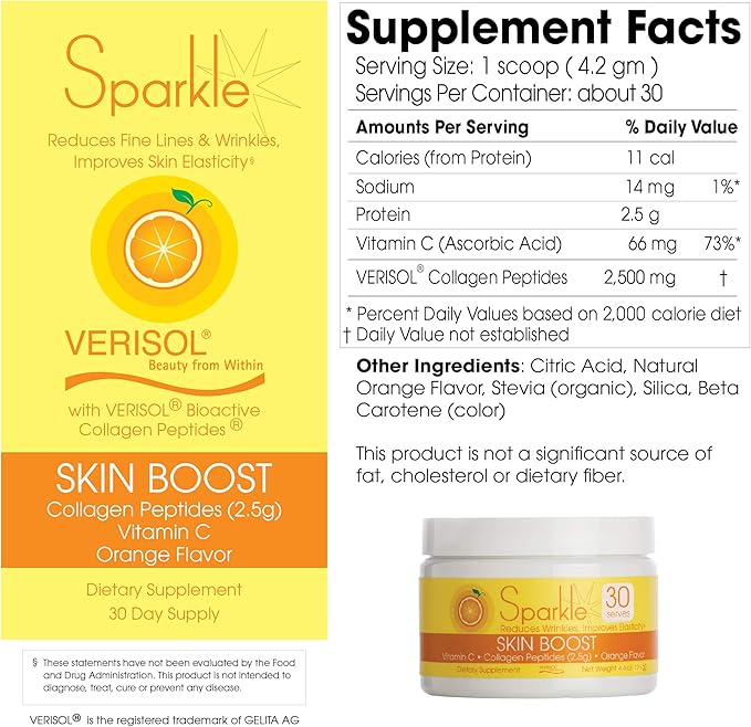 Sparkle Skin Boost Orange Verisol Collagen Peptides Protein Powder Vitamin C Supplement Drink, 5.3oz