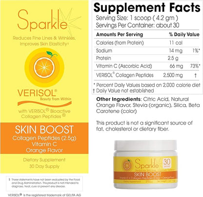 Sparkle Skin Boost Orange Verisol Collagen Peptides Protein Powder Vitamin C Supplement Drink, 5.3oz