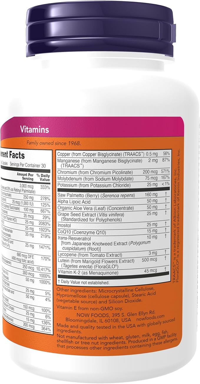 NOW Foods Supplements, ADAM™ Men's Multivitamin with Saw Palmetto, Lycopene, Alpha Lipoic Acid and CoQ10, Plus Natural Resveratrol & Grape Seed Extract, 90 Veg Capsules
