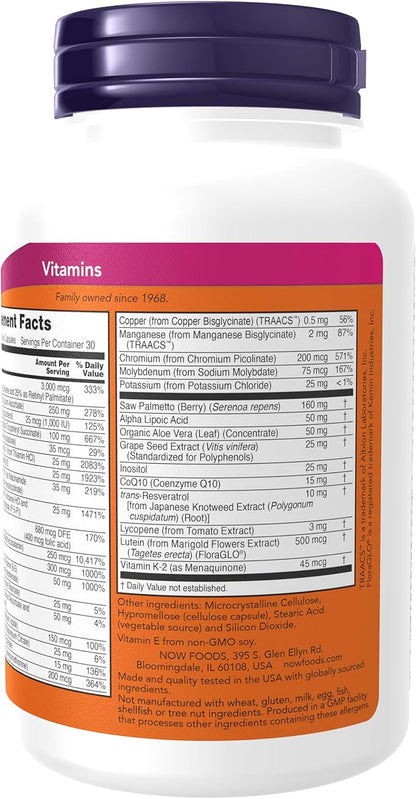 NOW Foods Supplements, ADAM™ Men's Multivitamin with Saw Palmetto, Lycopene, Alpha Lipoic Acid and CoQ10, Plus Natural Resveratrol & Grape Seed Extract, 90 Veg Capsules
