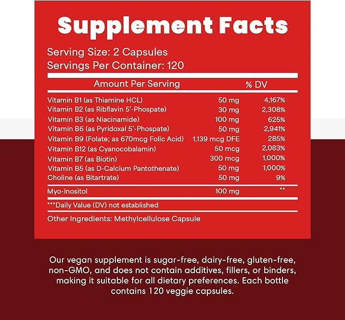 Mega B Complex, B Vitamin Supplement for Immune Support, Nerve Function & Normal Energy Metabolism, Contains Myo-Inositol & Choline for Antioxidant Support, 120 Vegan Capsules