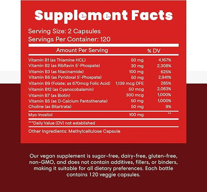Mega B Complex, B Vitamin Supplement for Immune Support, Nerve Function & Normal Energy Metabolism, Contains Myo-Inositol & Choline for Antioxidant Support, 120 Vegan Capsules