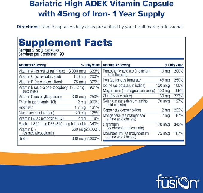 Bariatric Fusion High ADEK Multivitamin Capsule with 45mg Iron | Multi for Duodenal Switch Surgery Patients | Easy to Swallow Vitamin | 1080 Capsules | 1 Year Supply