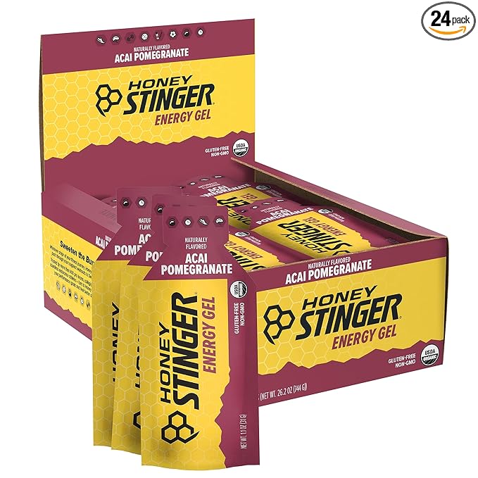 Honey Stinger Organic Acai Pomegranate Energy Gel | Gluten Free & Caffeine Free | For Exercise, Running and Performance | Sports Nutrition for Home & Gym, Pre and Mid Workout | 24 Pack, 26.4 Ounce