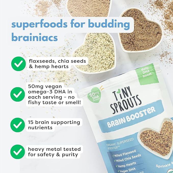 Organic Digestion Booster (Apple & Cinnamon) & Brain Booster - Milled Chia Seed, Milled Flaxseed and Hemp Hearts with Vitamin D, DHA, Probiotics for 6M+ Babies Toddlers & Kids (7oz x 2 Pack)
