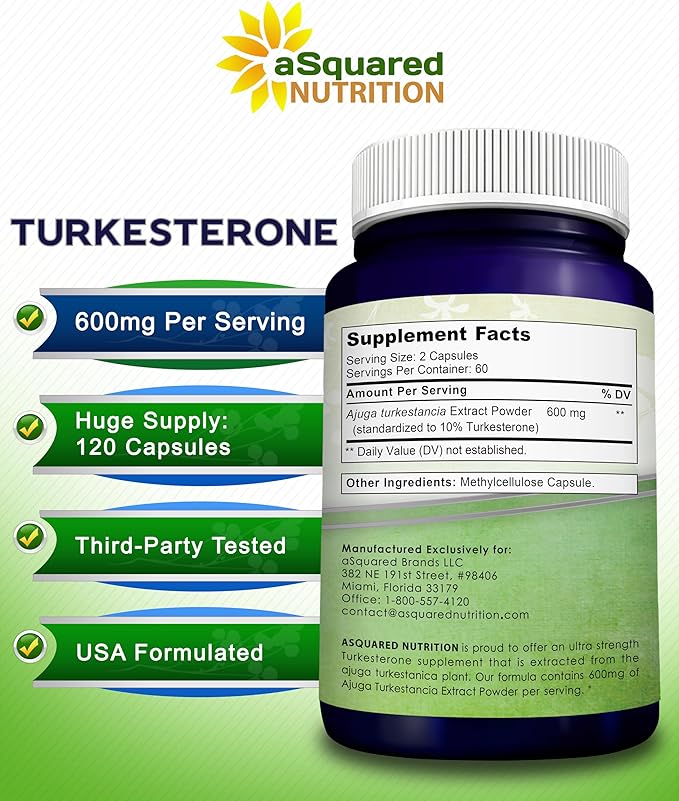 aSquared Nutrition Turkesterone Supplement 600mg - 120 Capsules - Ajuga Turkestanica Extract Powder - Turkesterone Supplement Complex Pills - Natural Formulation