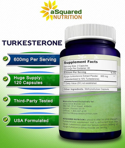 aSquared Nutrition Turkesterone Supplement 600mg - 120 Capsules - Ajuga Turkestanica Extract Powder - Turkesterone Supplement Complex Pills - Natural Formulation