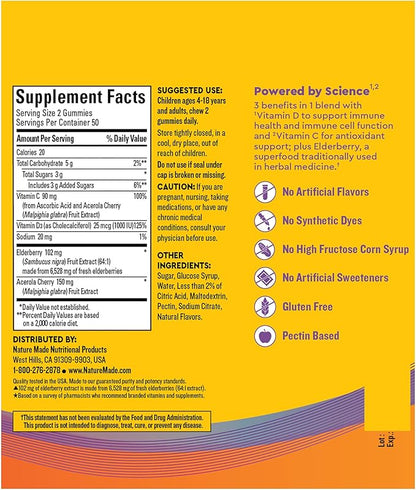 Nature Made Wellblends Immune & Superfood, Elderberry Gummies with Acerola Cherry Extract, Plus Vitamin C + Vitamin D, Immune Support Supplement, 100 Gummy Vitamins