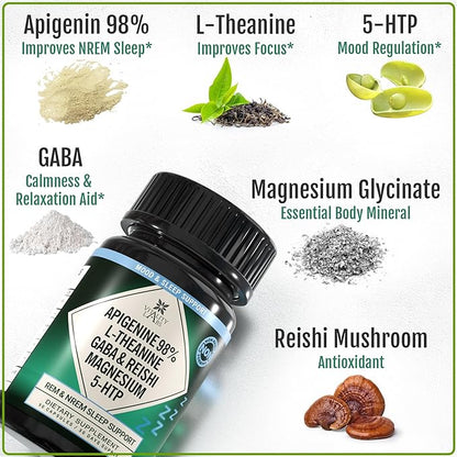 Natural Sleep Aid Supplement for Adults Without Melatonin - Non-Habit Forming Herbal Sleep - GABA, L-Theanine, Reishi Mushroom, Apigenin, Magnesium Glycinate, 5-HTP - 90 Vegan Capsules
