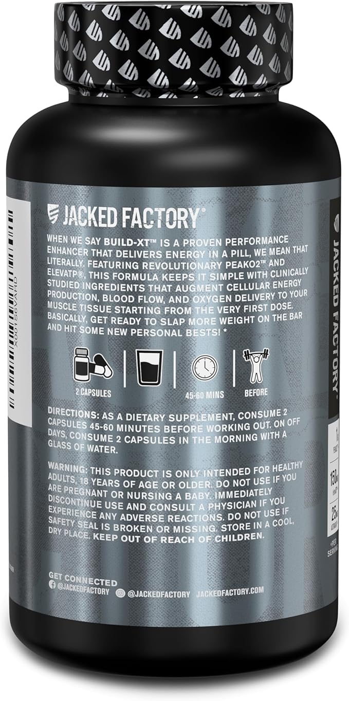Jacked Factory Build-XT Daily Muscle Builder & Performance Enhancer - Muscle Building Supplement for Muscular Strength & Growth | Trademarked Ingredients Peak02, ElevATP, & Astragin - 60 Veggie Pills