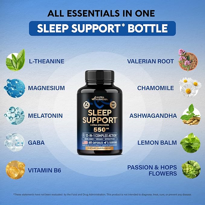 Sleeping Pills for Adults 550mg - Valerian Root for Sleep | Melatonin 3mg | L-Theanine | Magnesium - Natural Sleep Aid Supplement - Non-Habit Forming Rest Support - Made in USA - 1/Day | 60 Capsules