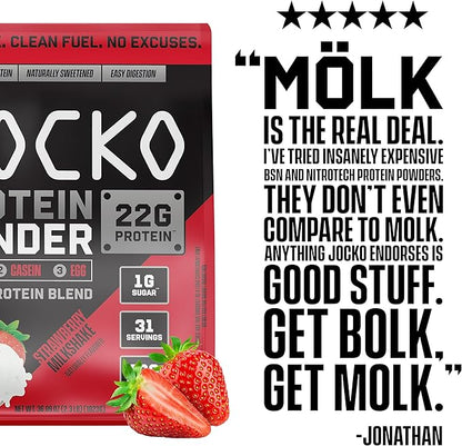 Jocko Mölk Whey Protein Powder 22g Sugar Free Monk Fruit Blend - Muscle Recovery & Growth, Packaging May Vary (31 Servings, Strawberry Milkshake)