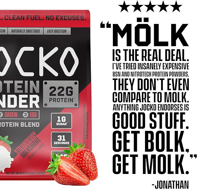 Jocko Mölk Whey Protein Powder 22g Sugar Free Monk Fruit Blend - Muscle Recovery & Growth, Packaging May Vary (31 Servings, Strawberry Milkshake)