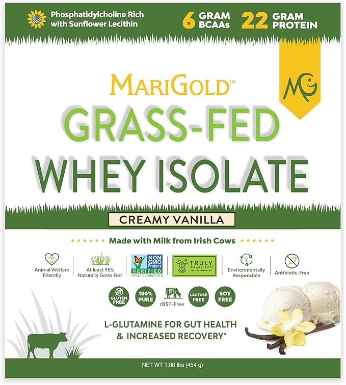 MariGold Grass-fed Whey Protein Isolate Powder - Creamy Vanilla Flavor - 1 Lb Bag | 100% Pure, Cold-Processed, Micro-Filtered, Undenatured, Non-GMO, rBGH Free, Soy Free, Gluten Free, Lactose Free