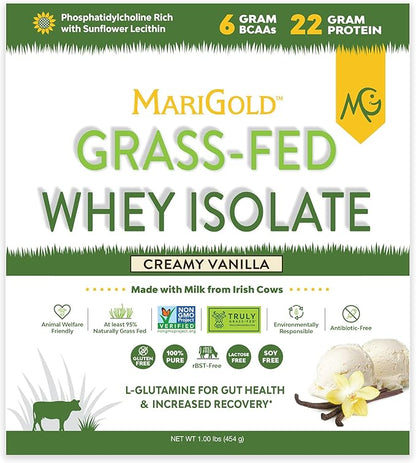 MariGold Grass-fed Whey Protein Isolate Powder - Creamy Vanilla Flavor - 1 Lb Bag | 100% Pure, Cold-Processed, Micro-Filtered, Undenatured, Non-GMO, rBGH Free, Soy Free, Gluten Free, Lactose Free