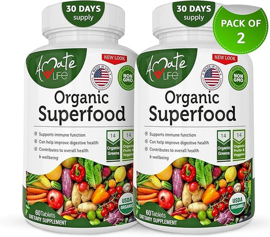 Organic Superfood Greens Fruits and Veggies Complex - Best Dietary Supplement with 14 Greens &14 Fruits & Vegetables with Alfalfa Rich in Antioxidants Organic Ingredients Non-GMO (120 Count Pack of 2)