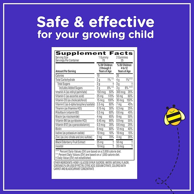 Zarbee's Complete Kids Multivitamin Gummies + Immune Support, Children Vitamins Gummy with Vitamin A, C, D3, E, B6, B12, Folic Acid & Total B-complex, 70 Count